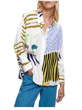 PRAFOIS Abstract Blouse Stripe Animal Print XS/Sm Oversized Flowy Artsy Relaxed